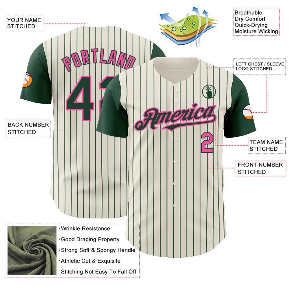 Custom Cream Green Pinstripe Pink Authentic Two Tone Baseball Jersey view 3