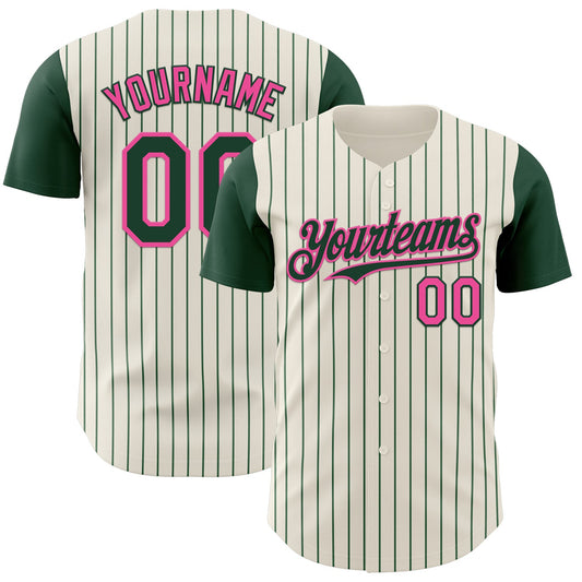 Custom Cream Green Pinstripe Pink Authentic Two Tone Baseball Jersey - Main View