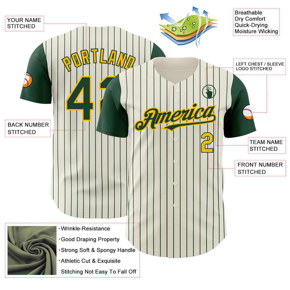 Custom Cream Green Pinstripe Gold Authentic Two Tone Baseball Jersey view 3