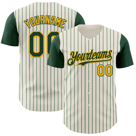 Custom Cream Green Pinstripe Gold Authentic Two Tone Baseball Jersey - Main View