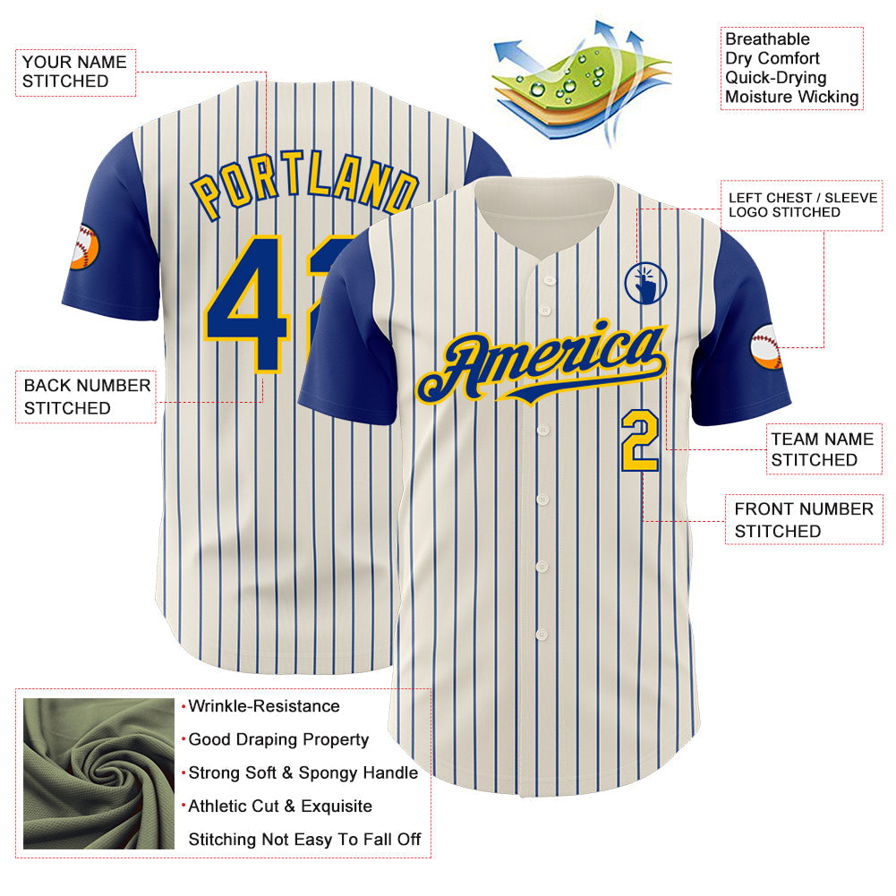 Custom Cream Royal Pinstripe Yellow Authentic Two Tone Baseball Jersey view 3