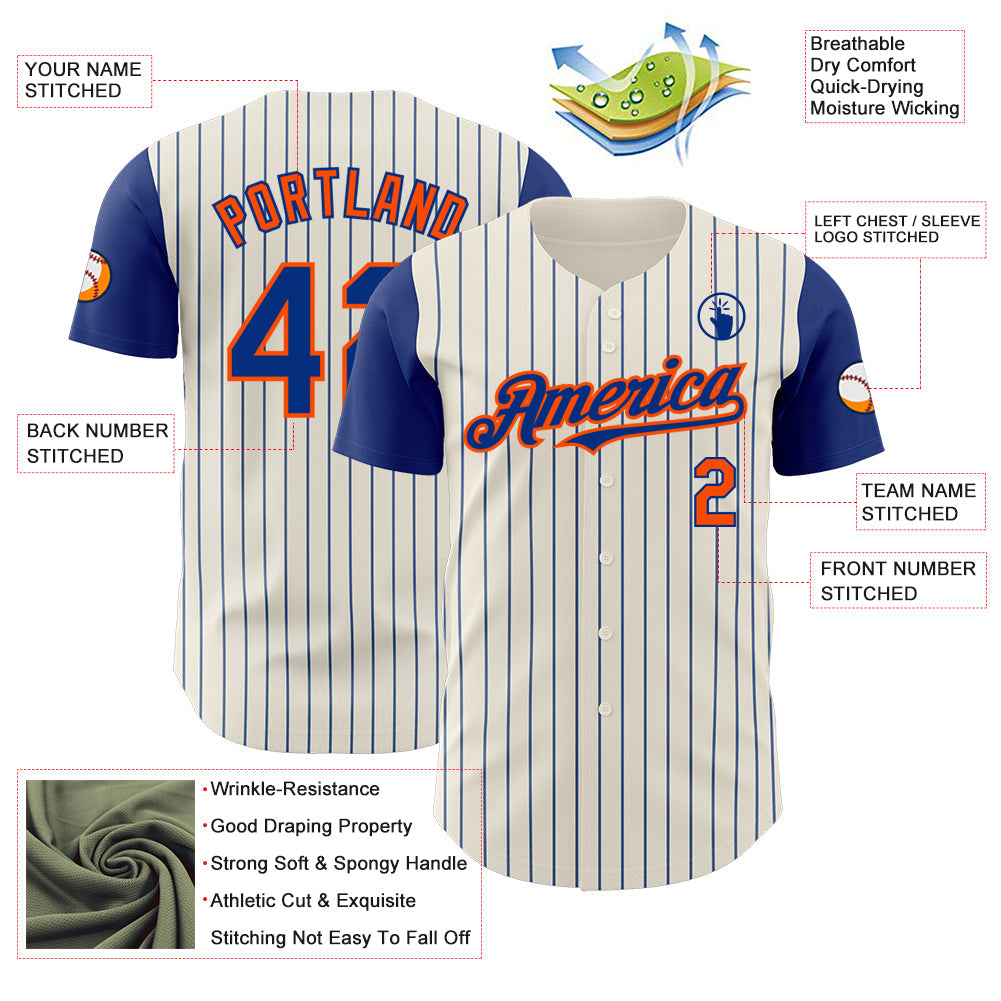 Custom Cream Royal Pinstripe Orange Authentic Two Tone Baseball Jersey view 3