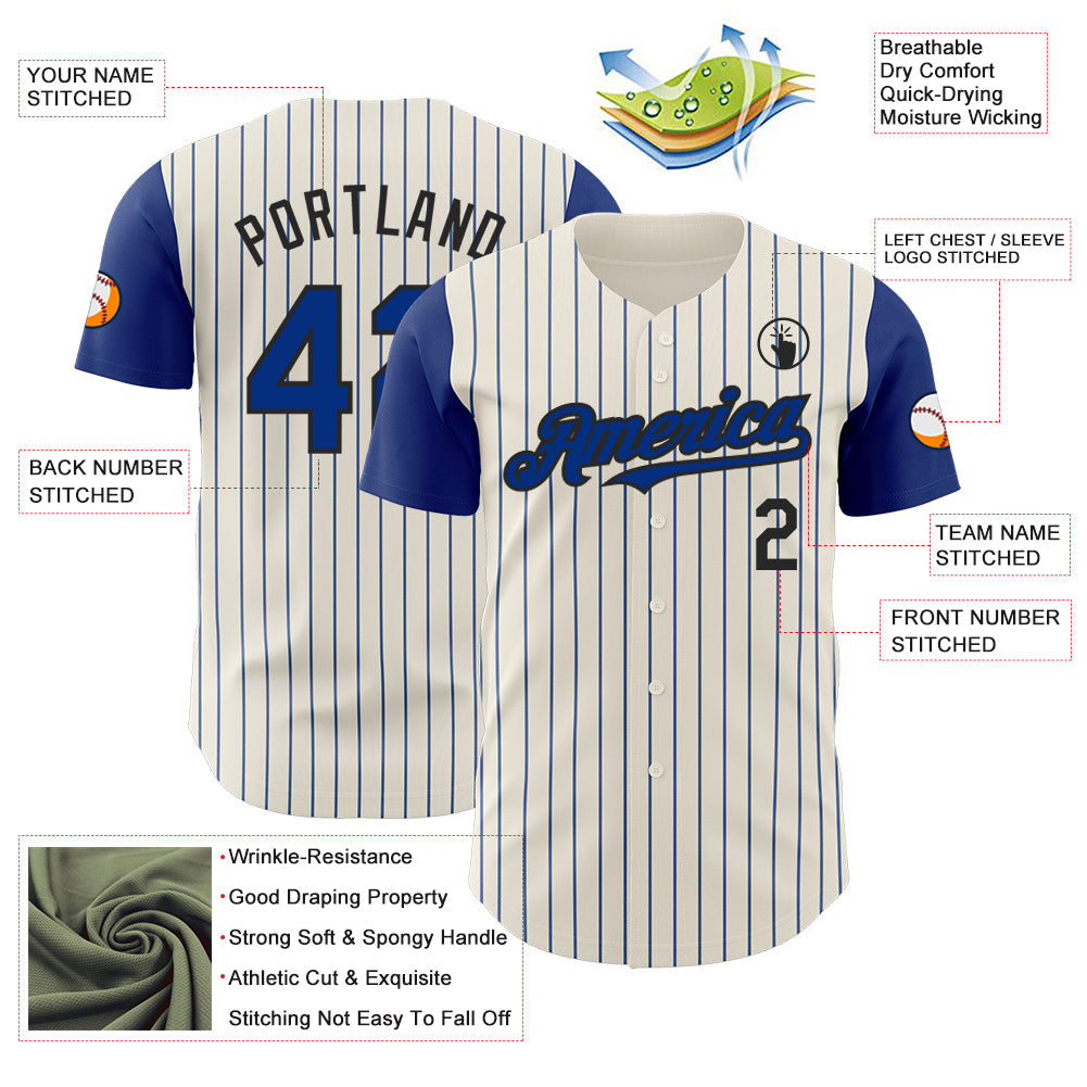 Custom Cream Royal Pinstripe Black Authentic Two Tone Baseball Jersey view 3