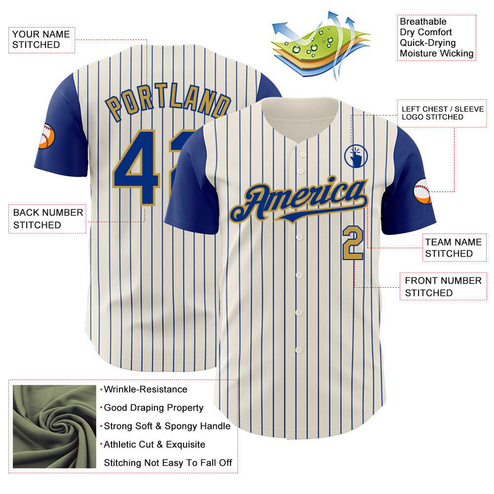 Custom Cream Royal Pinstripe Old Gold Authentic Two Tone Baseball Jersey view 3