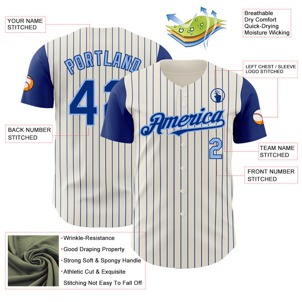Custom Cream Royal Pinstripe Light Blue Authentic Two Tone Baseball Jersey view 3