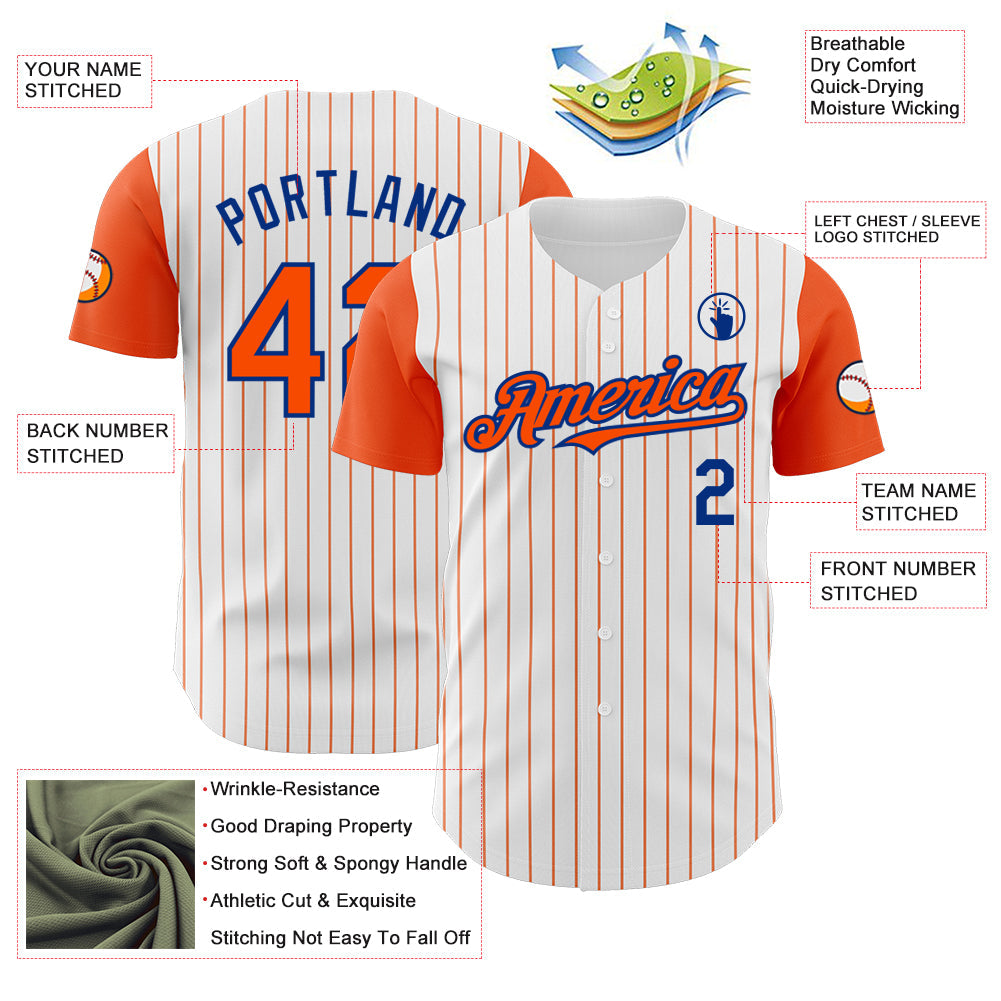 Custom White Orange Pinstripe Royal Authentic Two Tone Baseball Jersey view 3