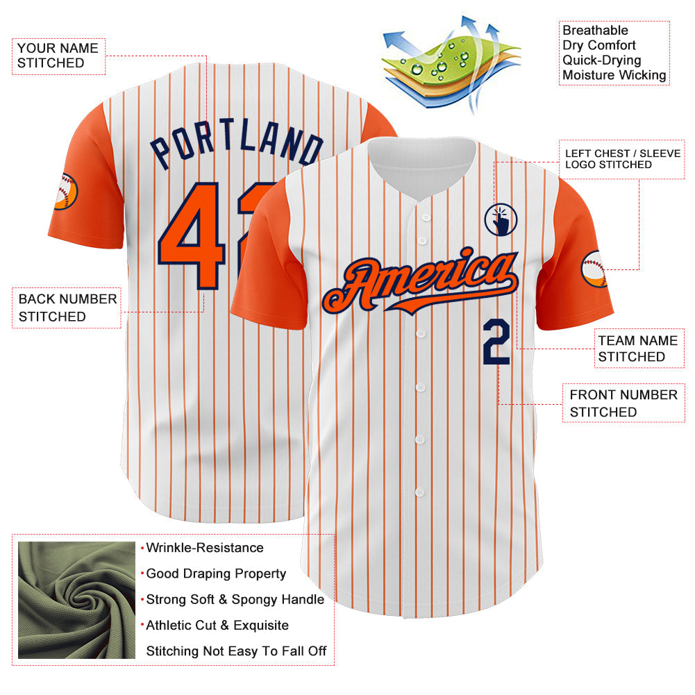 Custom White Orange Pinstripe Navy Authentic Two Tone Baseball Jersey view 3