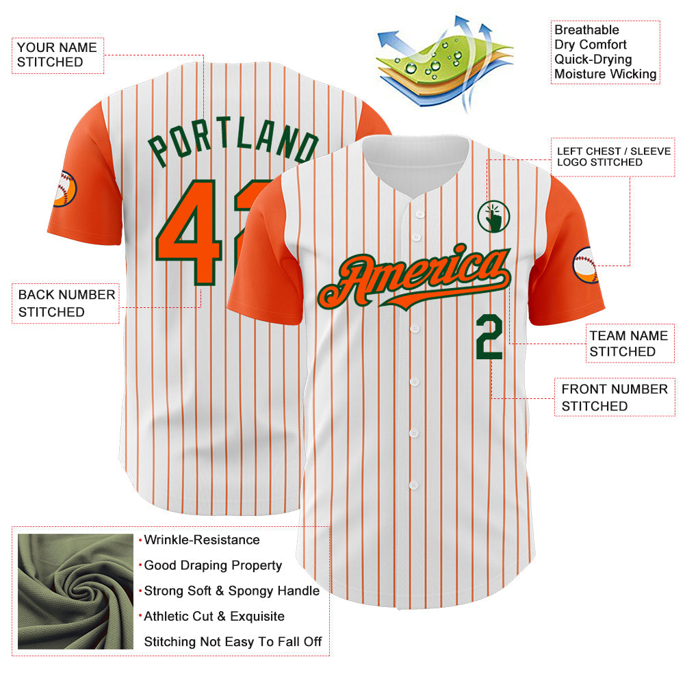 Custom White Orange Pinstripe Green Authentic Two Tone Baseball Jersey view 3