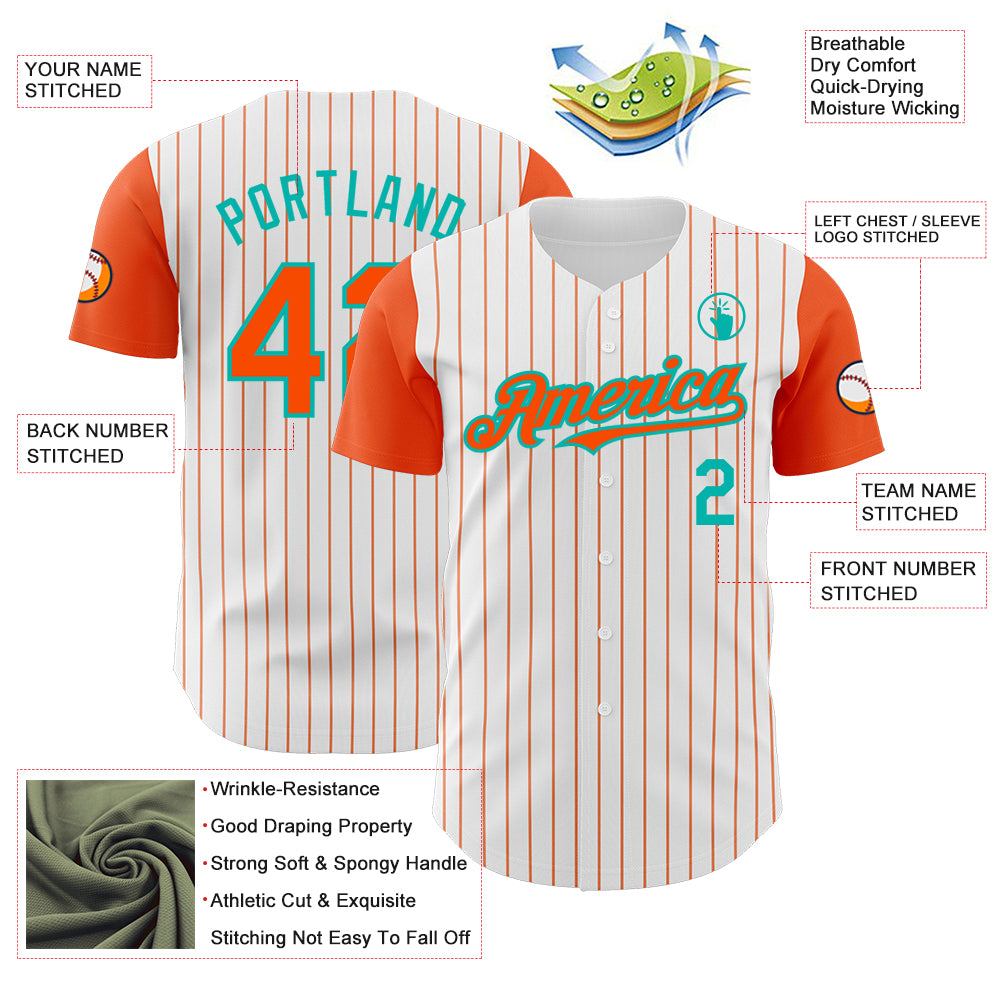 Custom White Orange Pinstripe Aqua Authentic Two Tone Baseball Jersey view 3