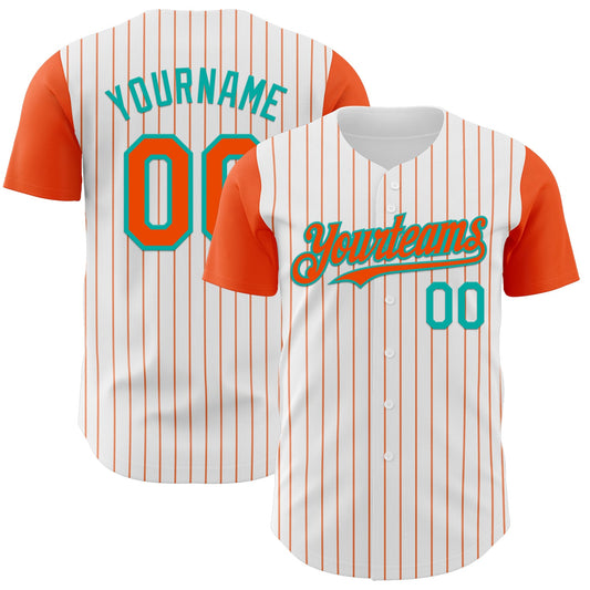 Custom White Orange Pinstripe Aqua Authentic Two Tone Baseball Jersey - Main View