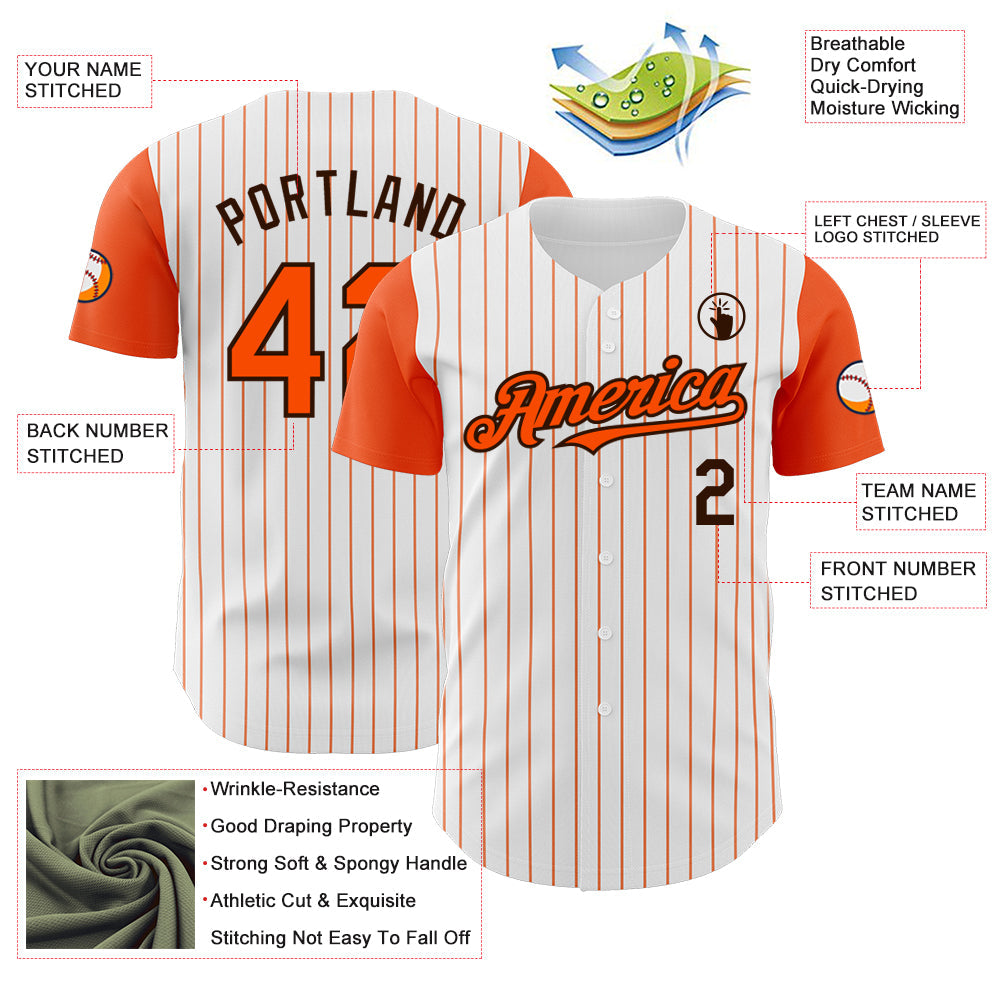 Custom White Orange Pinstripe Brown Authentic Two Tone Baseball Jersey view 3