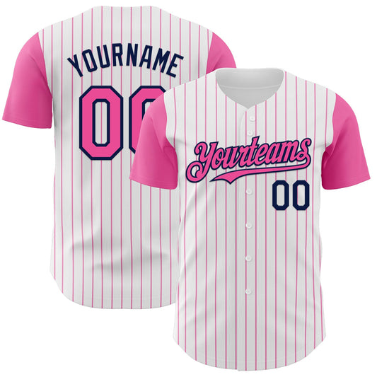 Custom White Pink Pinstripe Navy Authentic Two Tone Baseball Jersey - Main View