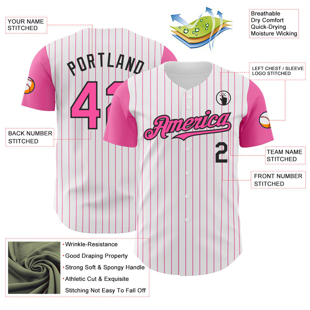 Custom White Pink Pinstripe Black Authentic Two Tone Baseball Jersey view 3