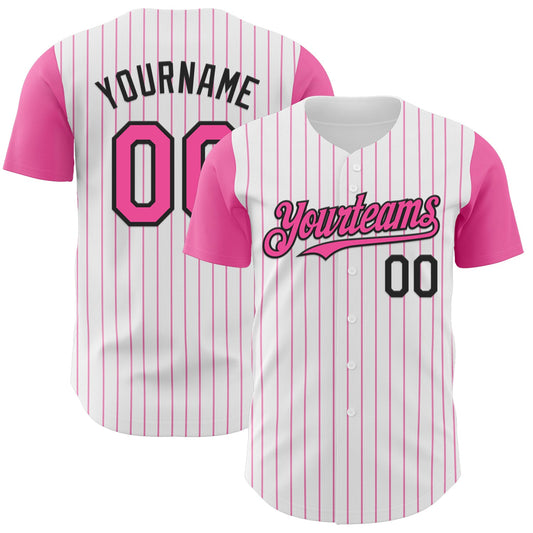 Custom White Pink Pinstripe Black Authentic Two Tone Baseball Jersey - Main View