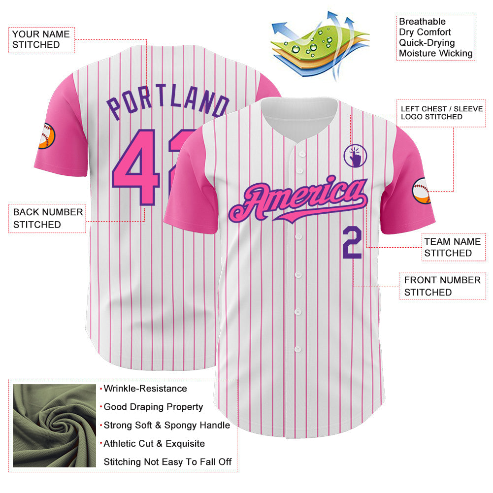 Custom White Pink Pinstripe Purple Authentic Two Tone Baseball Jersey view 3