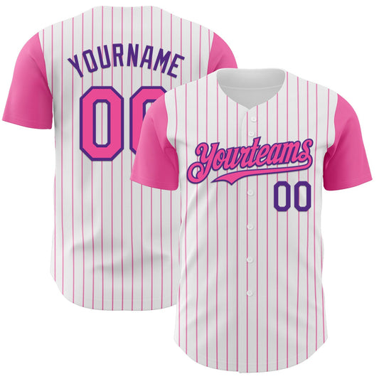Custom White Pink Pinstripe Purple Authentic Two Tone Baseball Jersey - Main View