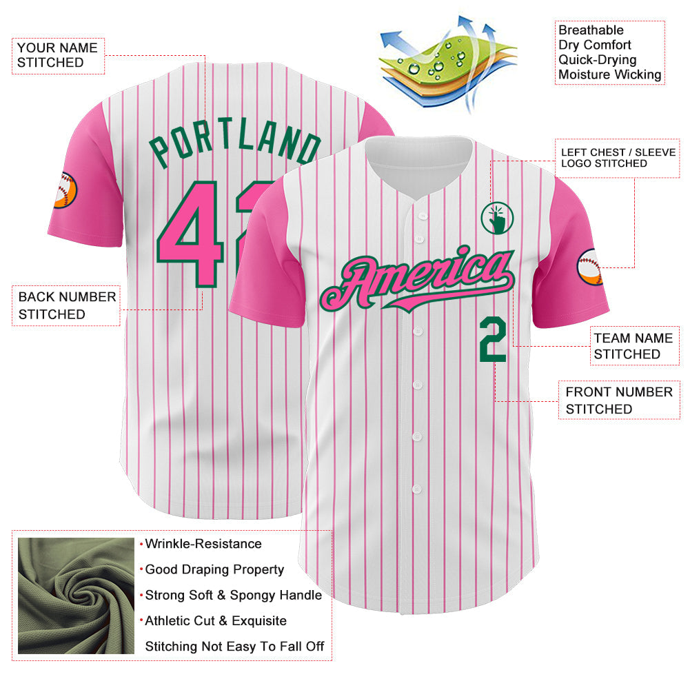 Custom White Pink Pinstripe Kelly Green Authentic Two Tone Baseball Jersey view 3