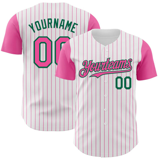 Custom White Pink Pinstripe Kelly Green Authentic Two Tone Baseball Jersey - Main View