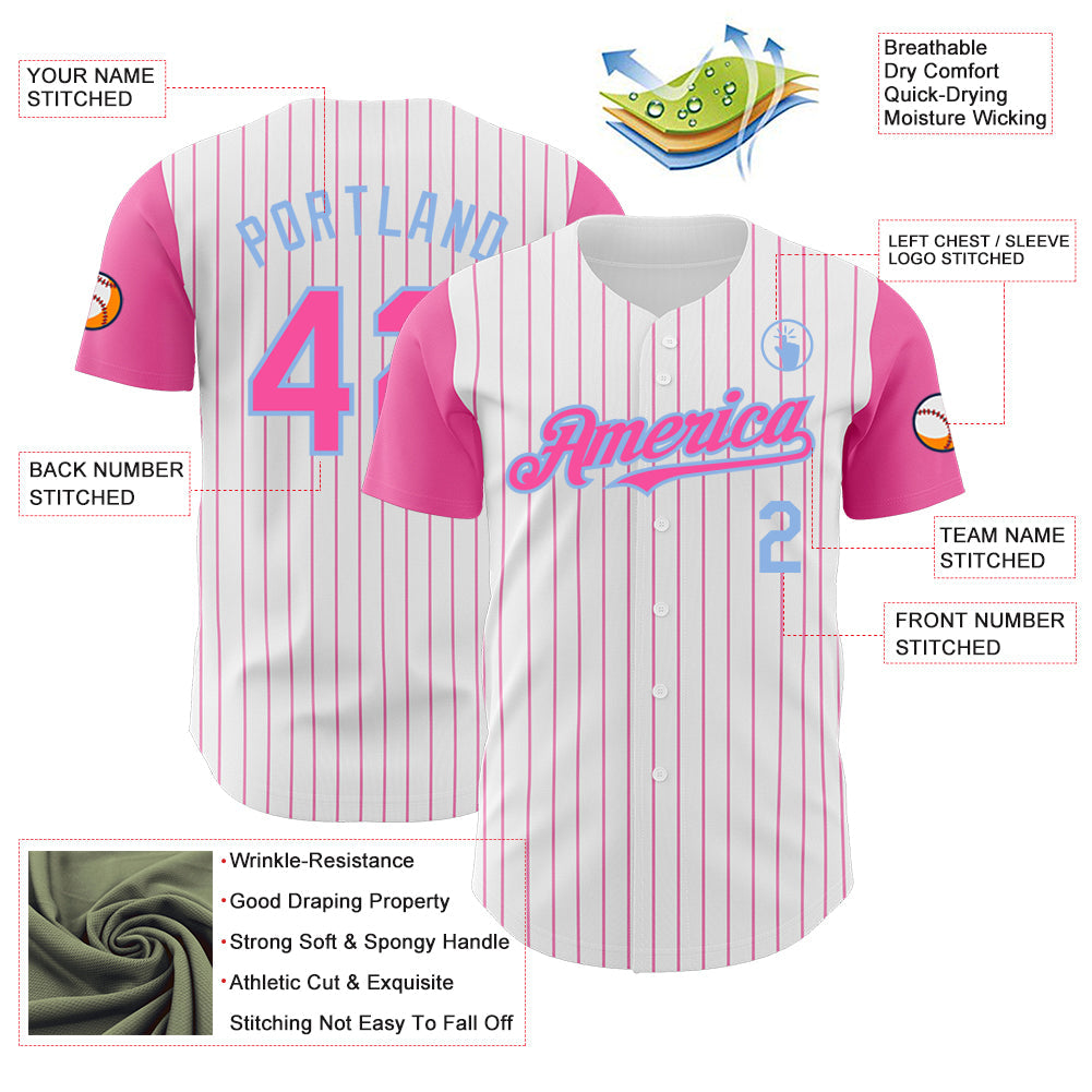 Custom White Pink Pinstripe Light Blue Authentic Two Tone Baseball Jersey view 3