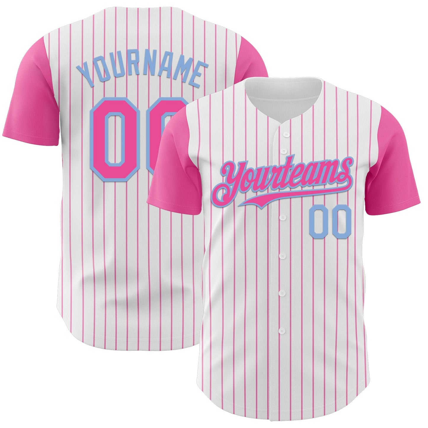 Custom White Pink Pinstripe Light Blue Authentic Two Tone Baseball Jersey - Main View