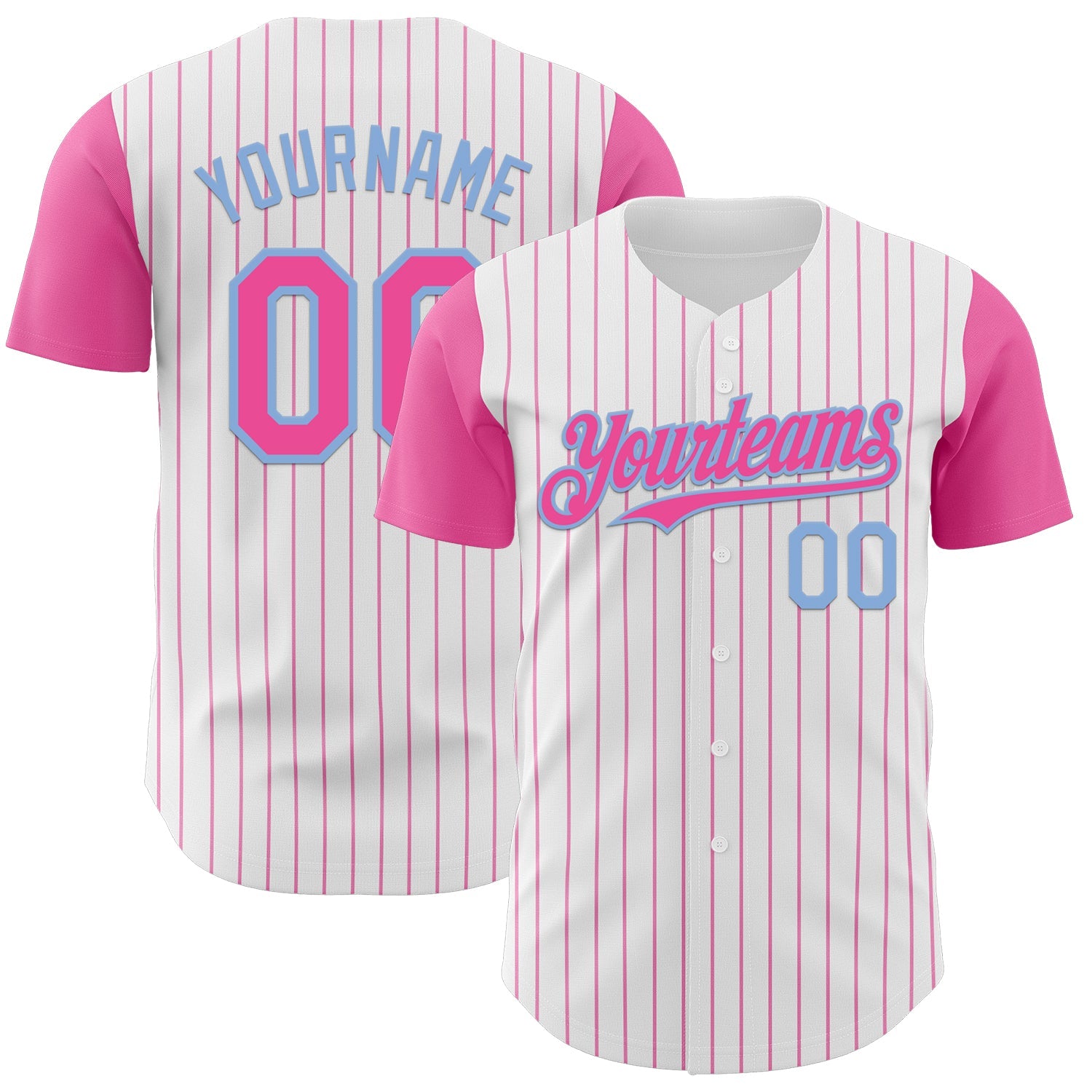 Custom White Pink Pinstripe Light Blue Authentic Two Tone Baseball Jersey - Main View