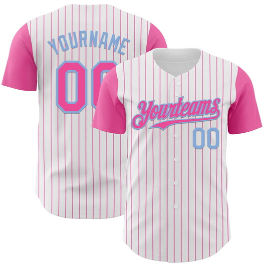 Custom White Pink Pinstripe Light Blue Authentic Two Tone Baseball Jersey - Main View