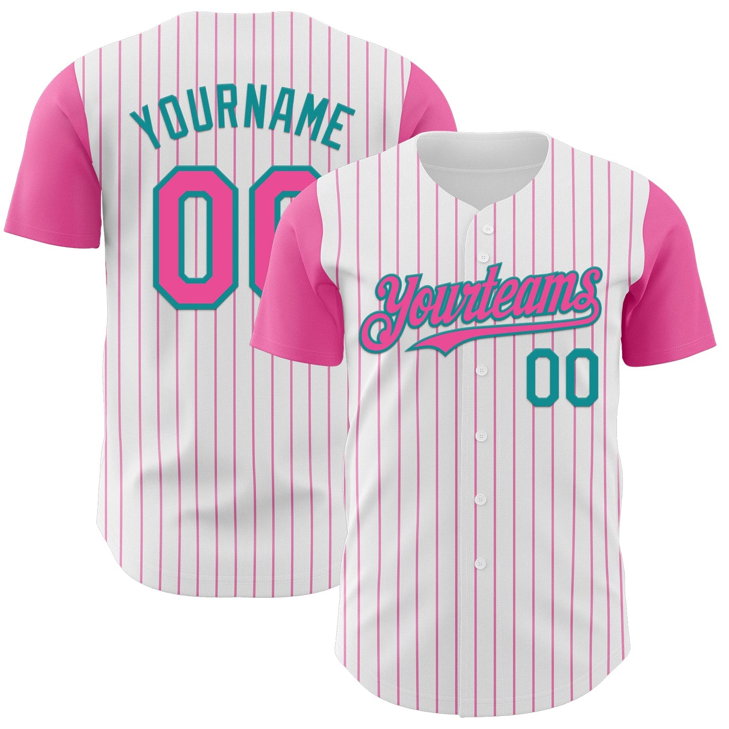 Custom White Pink Pinstripe Teal Authentic Two Tone Baseball Jersey - Main View