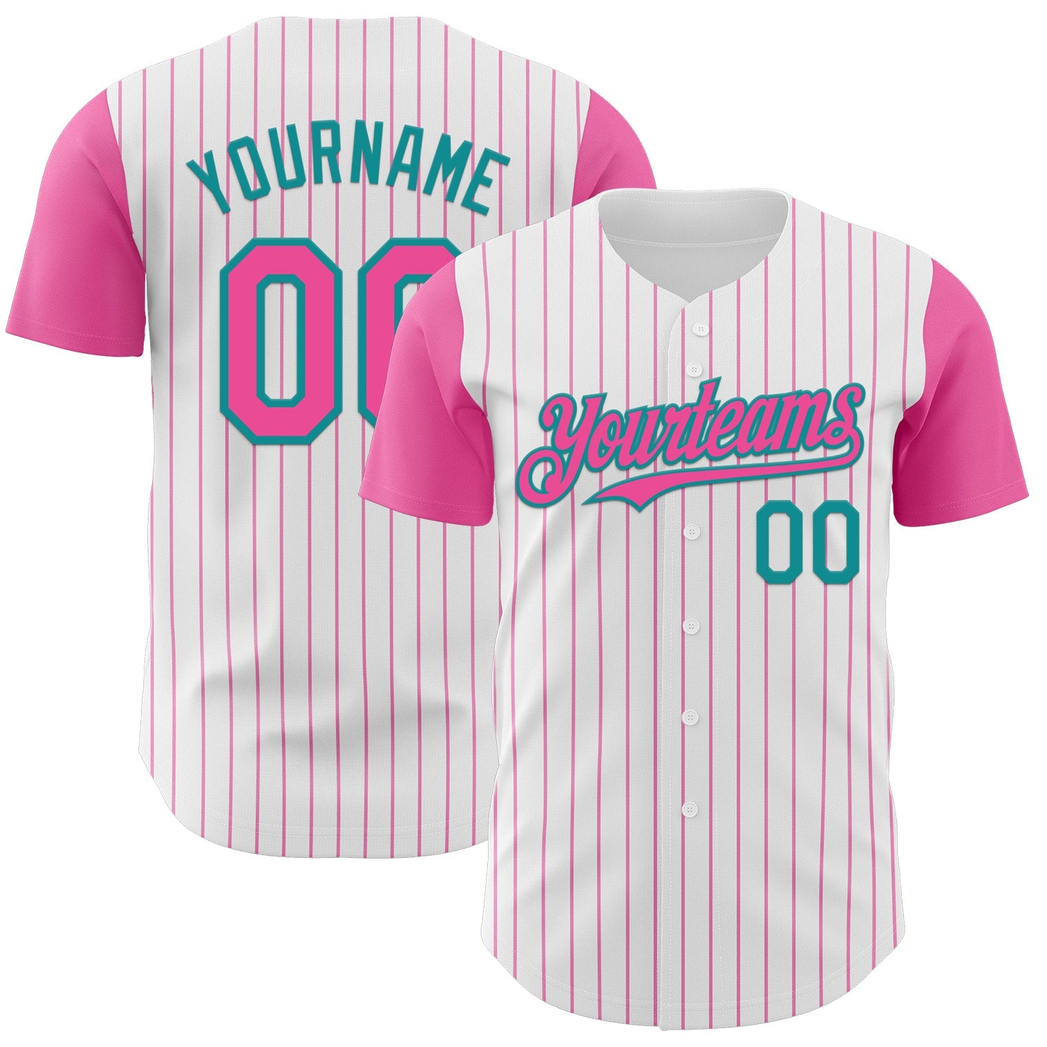 Custom White Pink Pinstripe Teal Authentic Two Tone Baseball Jersey - Main View