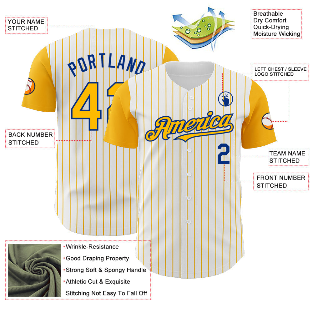 Custom White Gold Pinstripe Royal Authentic Two Tone Baseball Jersey view 3