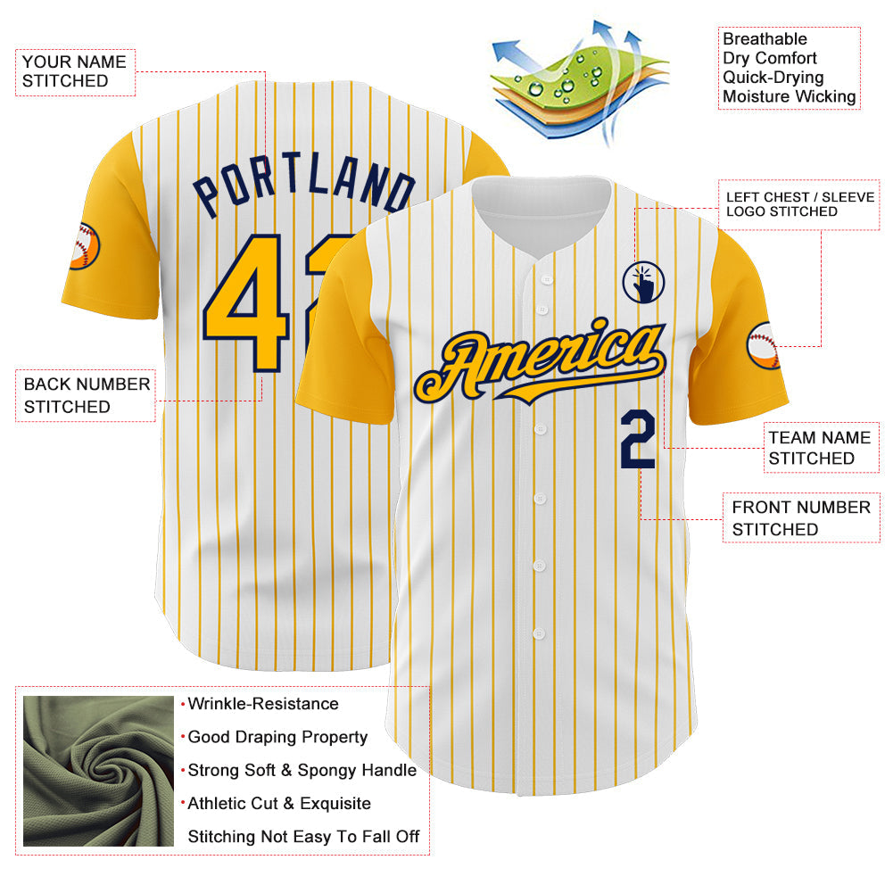 Custom White Gold Pinstripe Navy Authentic Two Tone Baseball Jersey view 3