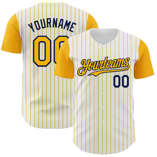 Custom White Gold Pinstripe Navy Authentic Two Tone Baseball Jersey - Main View