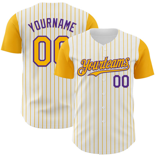 Custom White Gold Pinstripe Purple Authentic Two Tone Baseball Jersey - Main View