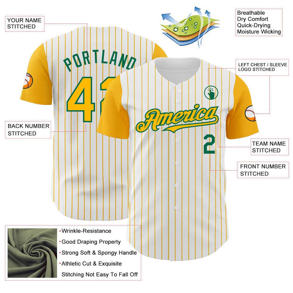 Custom White Gold Pinstripe Kelly Green Authentic Two Tone Baseball Jersey view 3