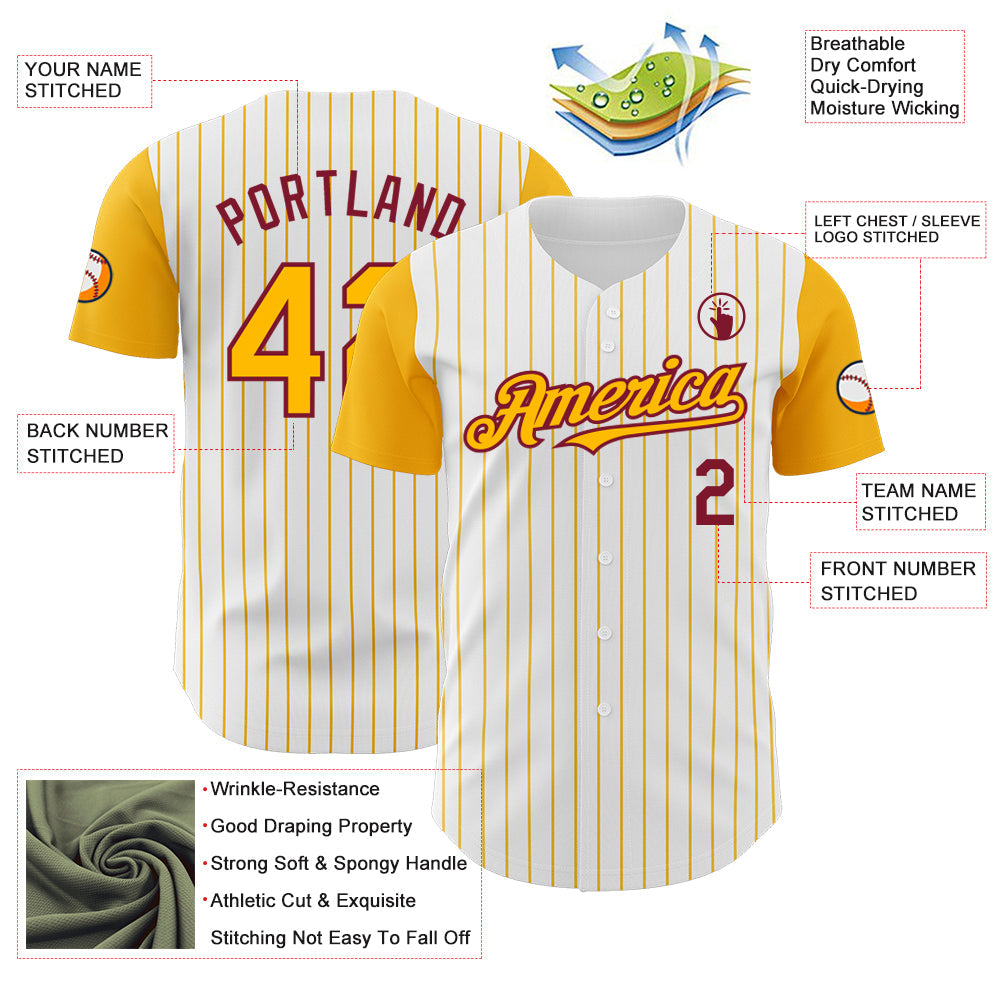 Custom White Gold Pinstripe Crimson Authentic Two Tone Baseball Jersey view 3