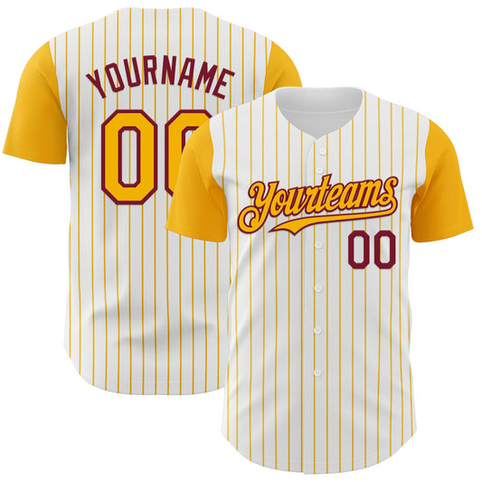 Custom White Gold Pinstripe Crimson Authentic Two Tone Baseball Jersey - Main View