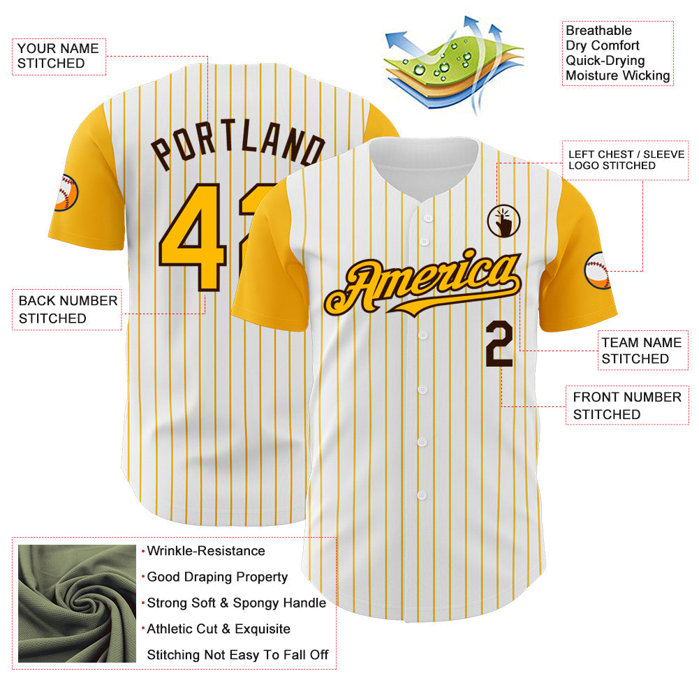 Custom White Gold Pinstripe Brown Authentic Two Tone Baseball Jersey view 3