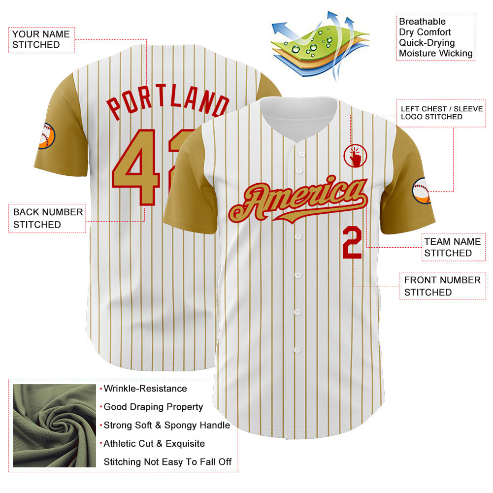 Custom White Old Gold Pinstripe Red Authentic Two Tone Baseball Jersey view 3