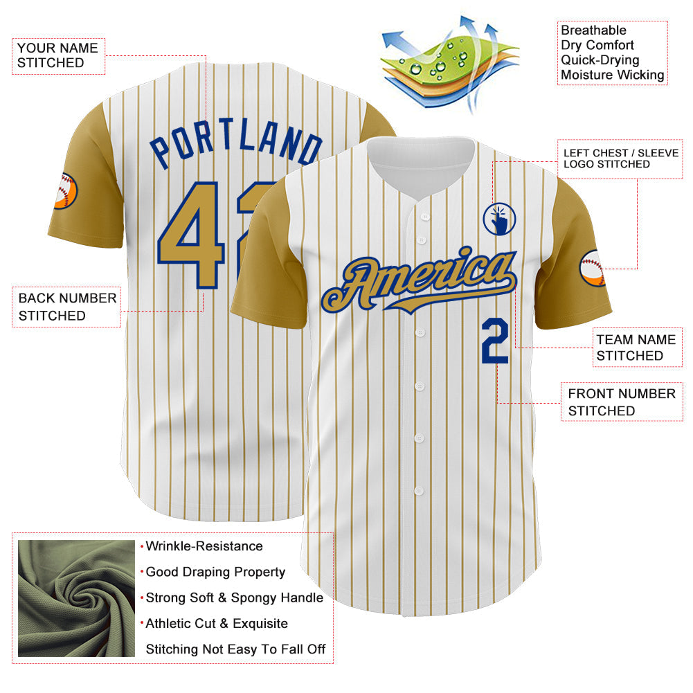 Custom White Old Gold Pinstripe Royal Authentic Two Tone Baseball Jersey view 3