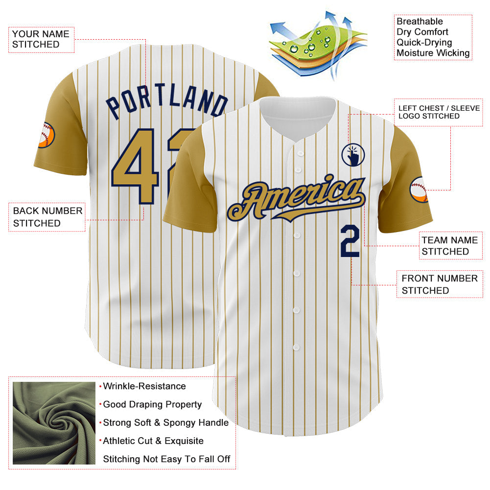 Custom White Old Gold Pinstripe Navy Authentic Two Tone Baseball Jersey view 3