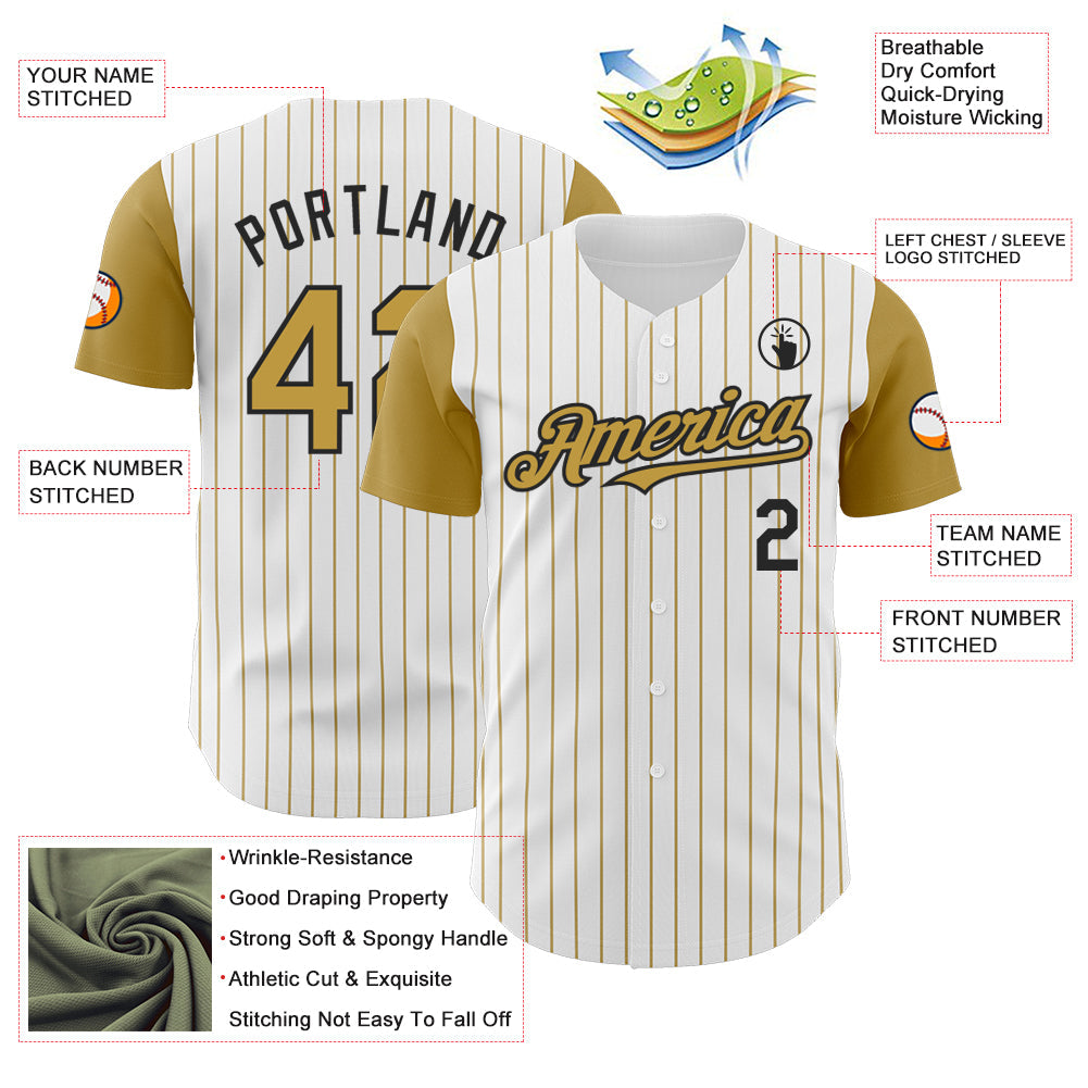 Custom White Old Gold Pinstripe Black Authentic Two Tone Baseball Jersey view 3