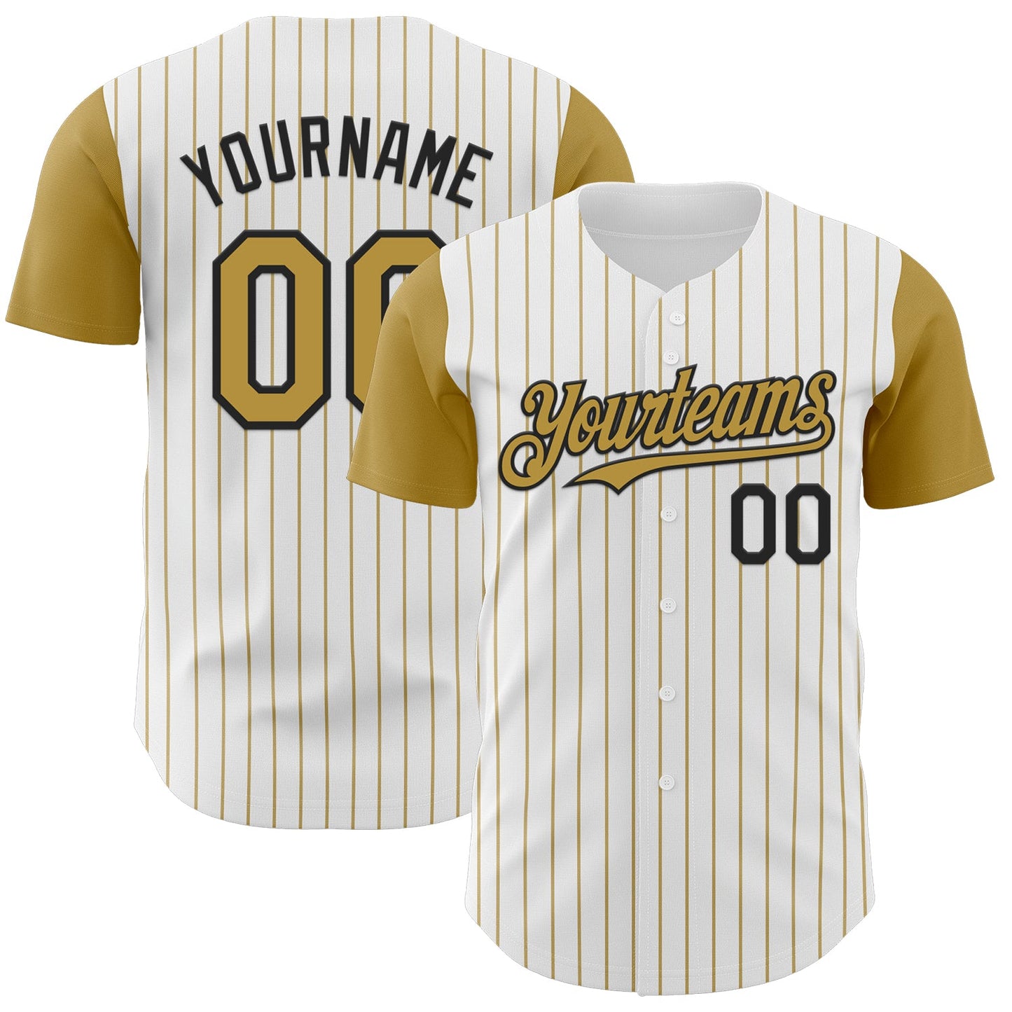 Custom White Old Gold Pinstripe Black Authentic Two Tone Baseball Jersey - Main View