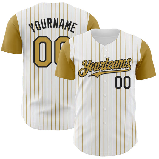Custom White Old Gold Pinstripe Black Authentic Two Tone Baseball Jersey - Main View