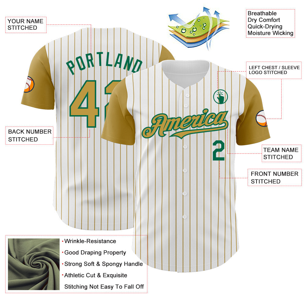 Custom White Old Gold Pinstripe Kelly Green Authentic Two Tone Baseball Jersey view 3