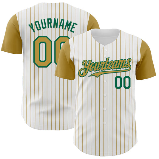 Custom White Old Gold Pinstripe Kelly Green Authentic Two Tone Baseball Jersey - Main View