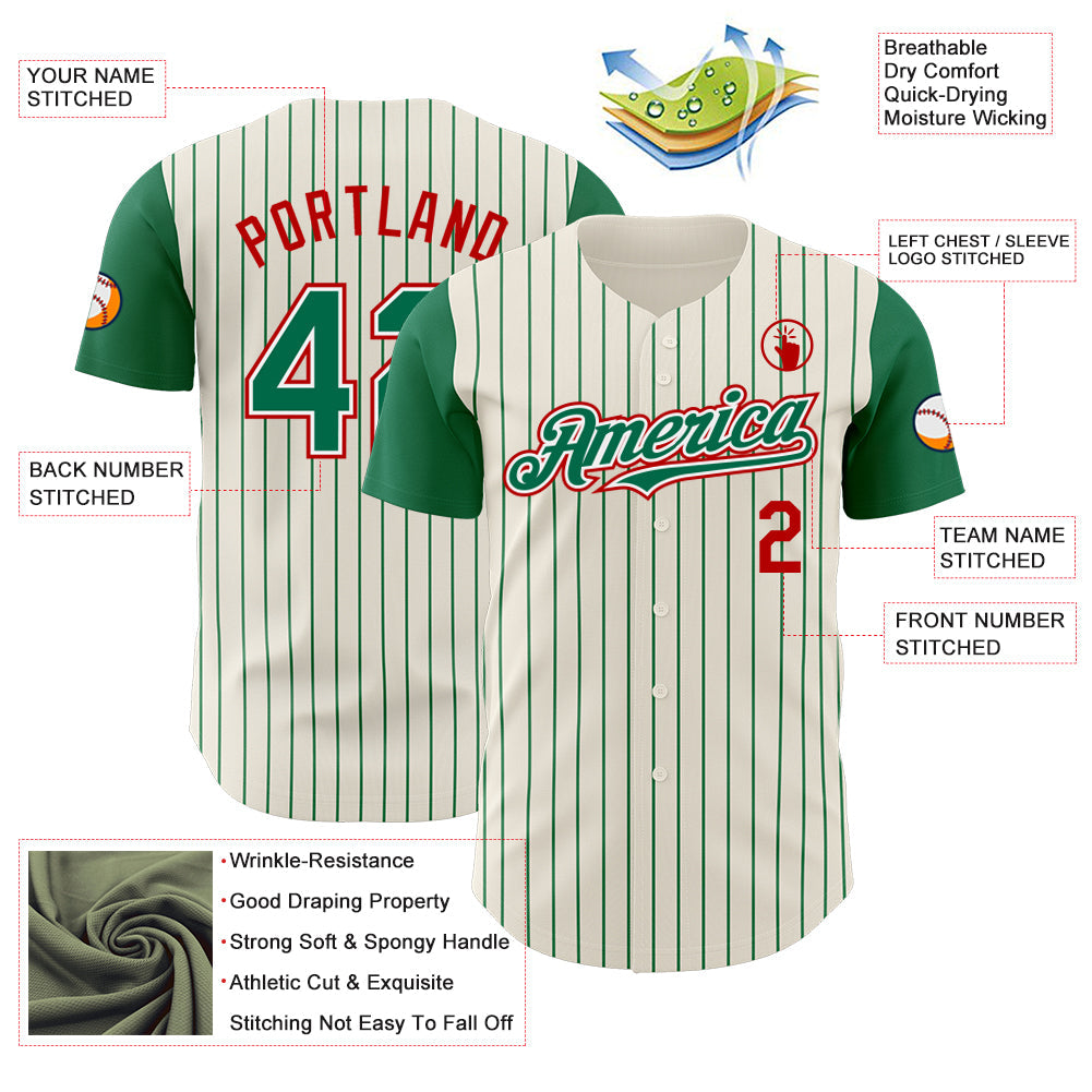 Custom Cream Kelly Green Pinstripe White-Red Authentic Two Tone Baseball Jersey view 3