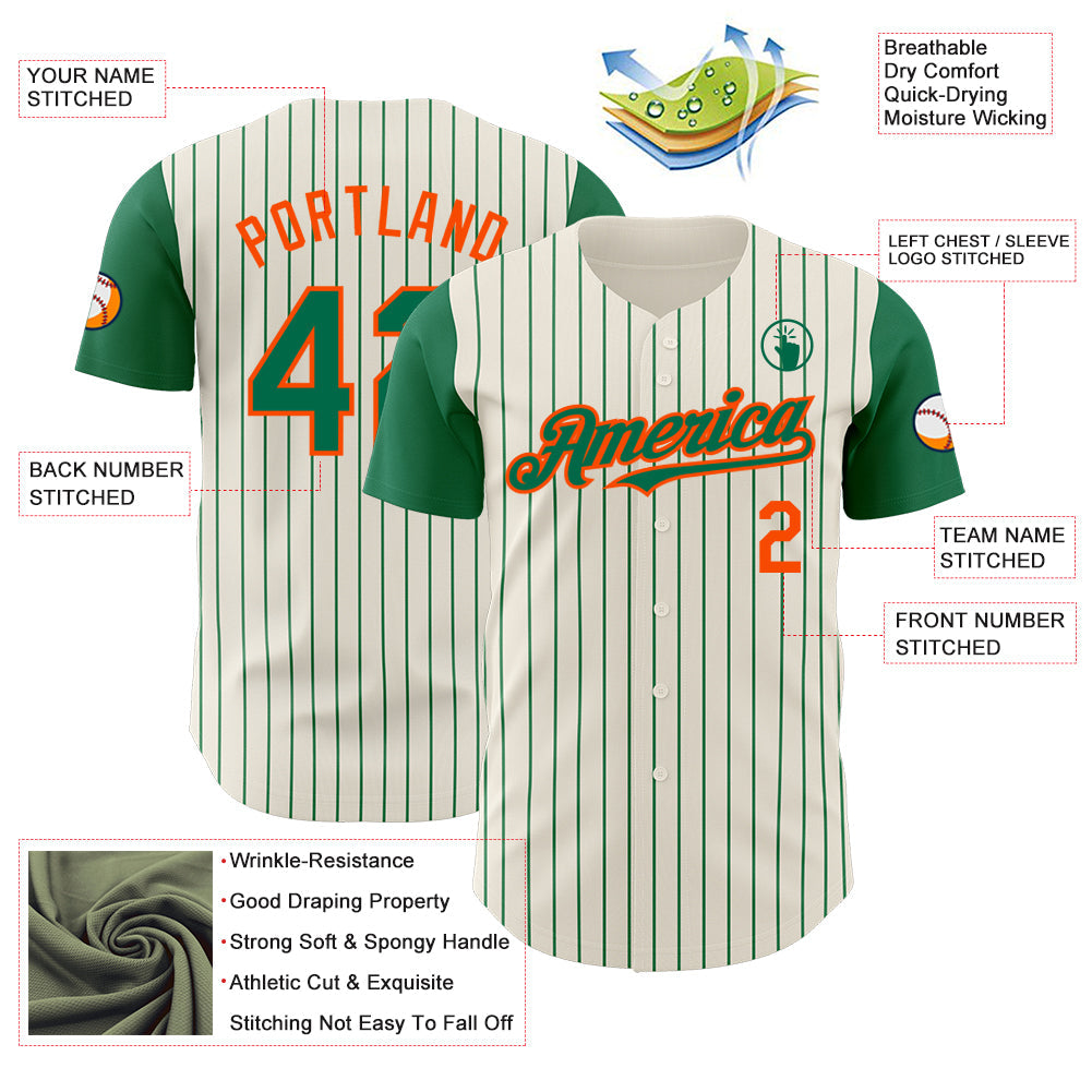 Custom Cream Kelly Green Pinstripe Orange Authentic Two Tone Baseball Jersey view 3