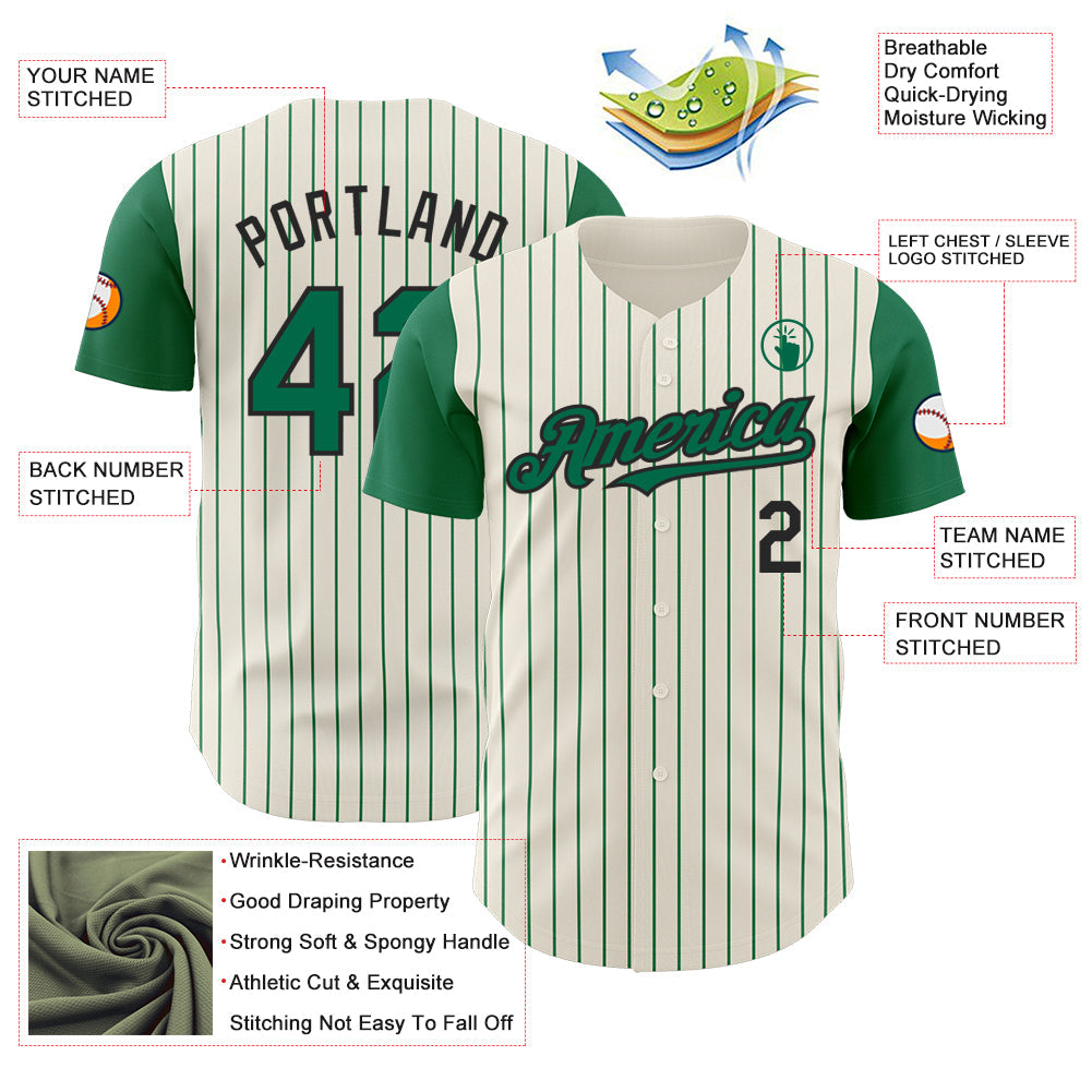 Custom Cream Kelly Green Pinstripe Black Authentic Two Tone Baseball Jersey view 3