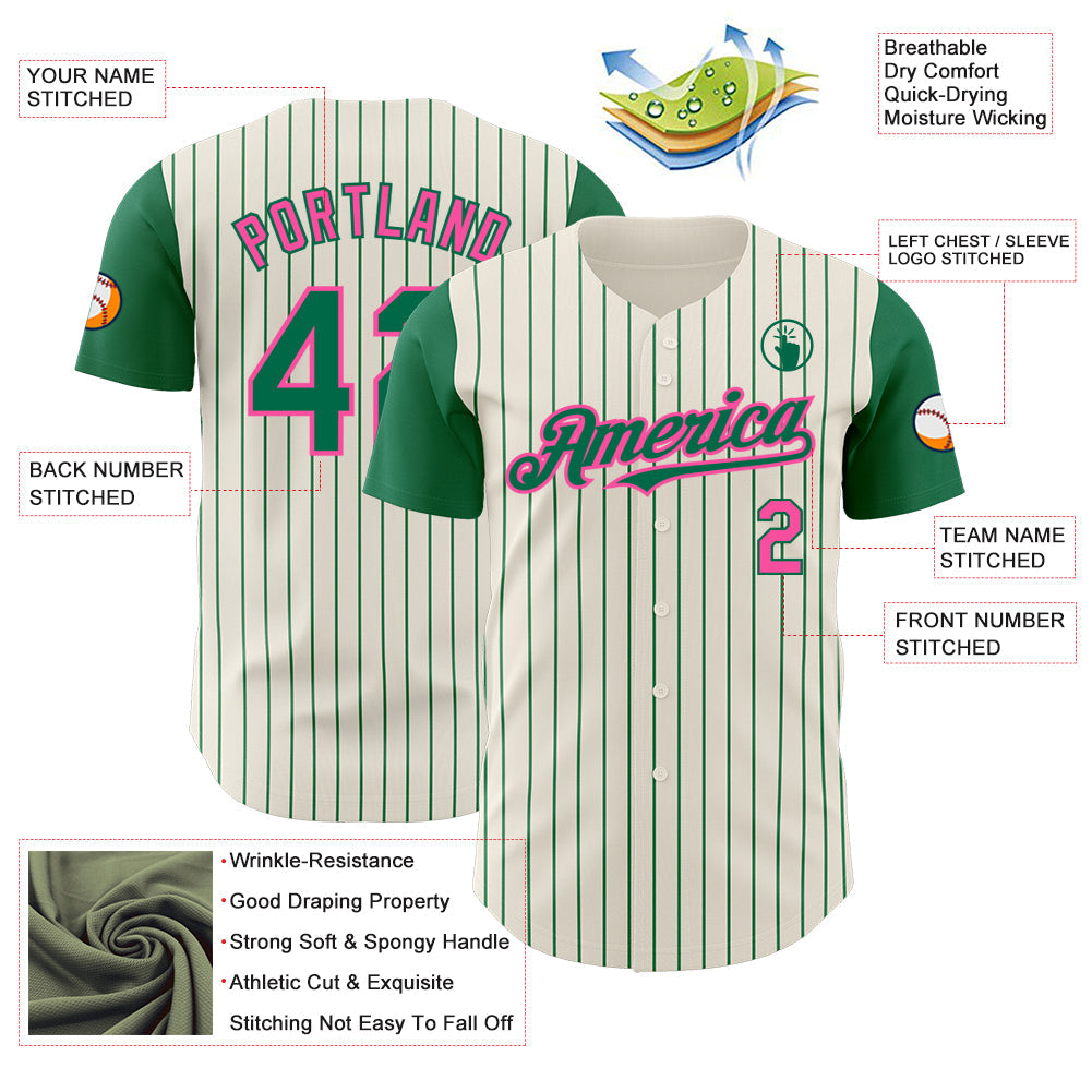 Custom Cream Kelly Green Pinstripe Pink Authentic Two Tone Baseball Jersey view 3