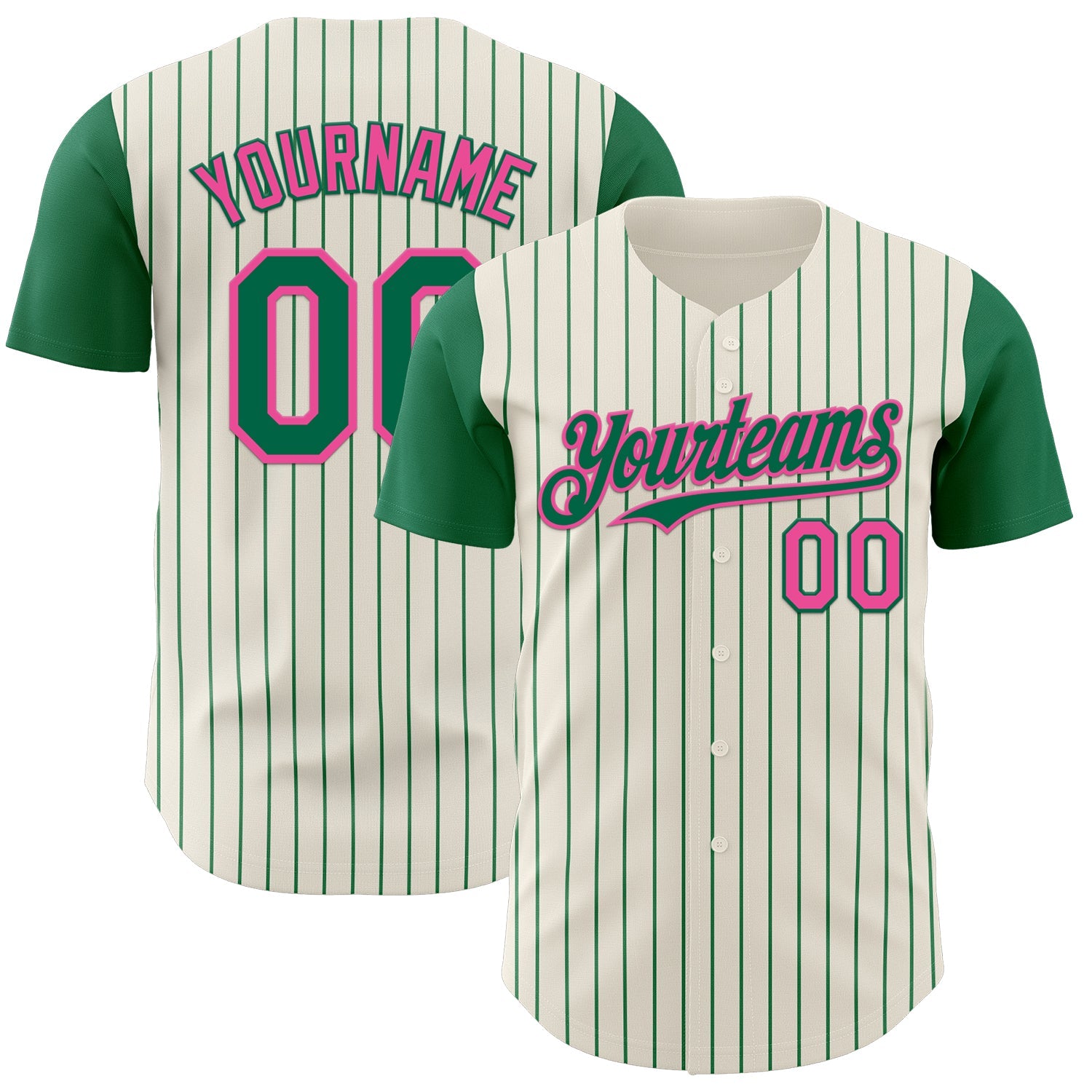Custom Cream Kelly Green Pinstripe Pink Authentic Two Tone Baseball Jersey - Main View