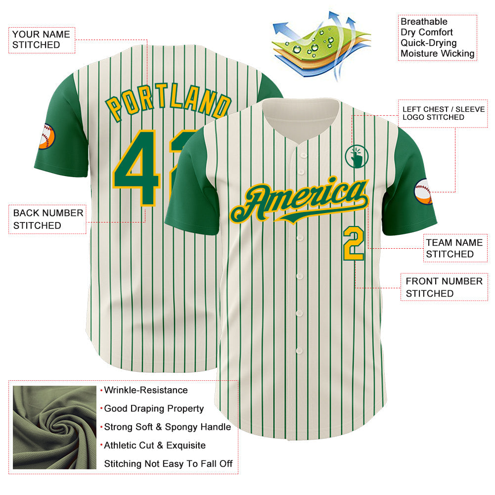Custom Cream Kelly Green Pinstripe Gold Authentic Two Tone Baseball Jersey view 3